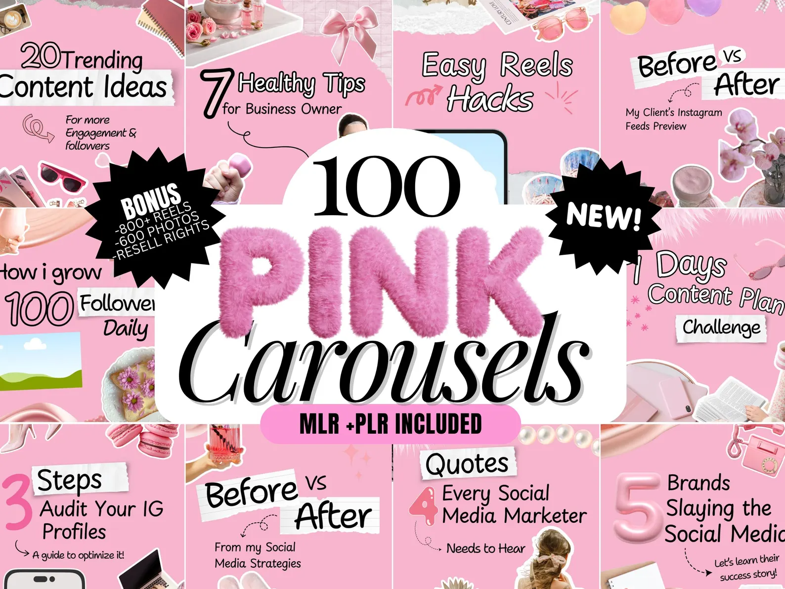 100 Pink Instagram Carousel Templates for Canva (Editable + Resell Rights)